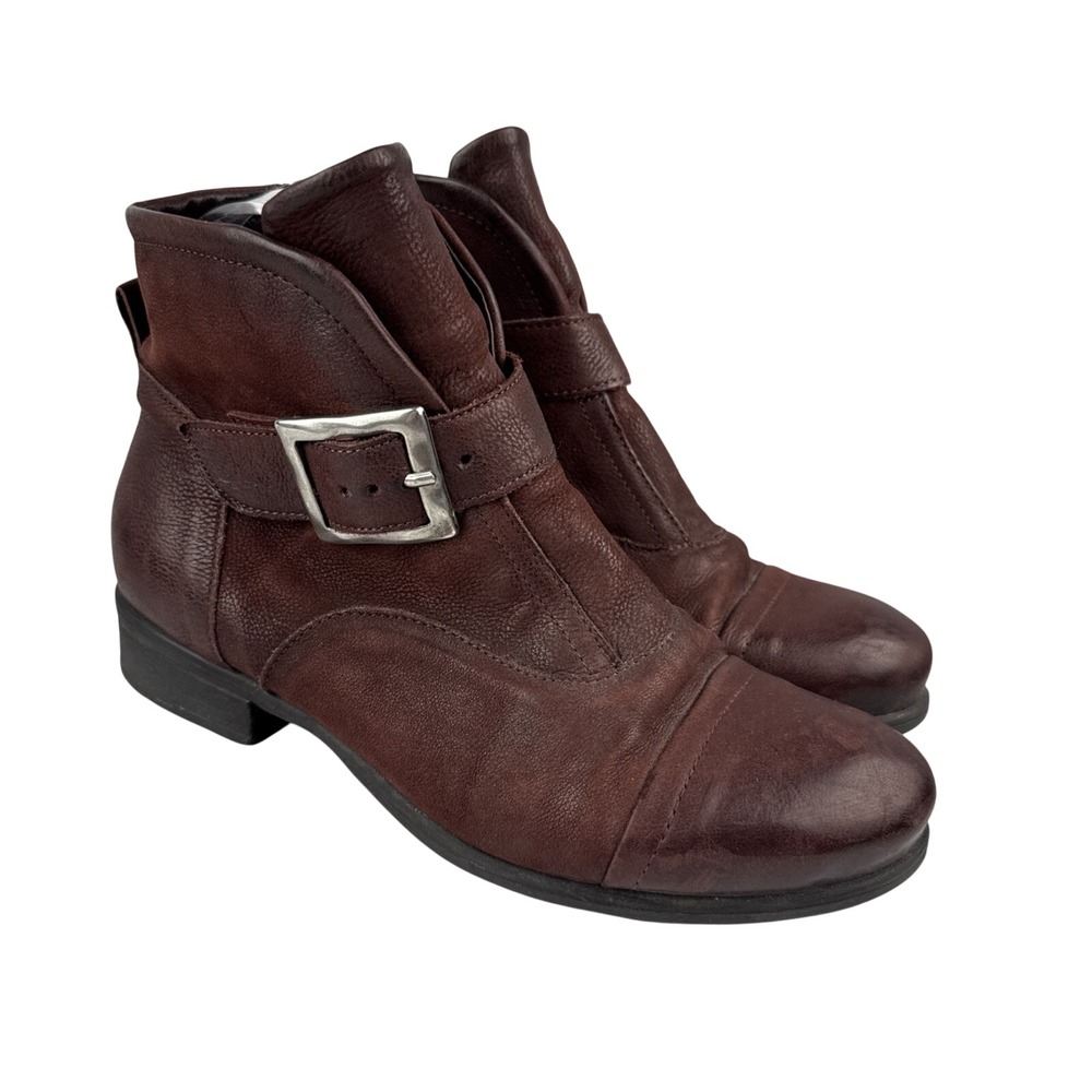 Miz Mooz Womens Siggy Bucket Ankle Boots Size 38/8 Merlot Brown Leather Side Zip
